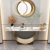 Celestia Console Table in a modern setting with a golden base and marble surface, showcasing elegant décor.
