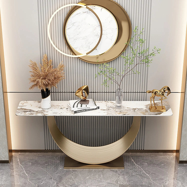 Celestia Console Table in a modern setting with a golden base and marble surface, showcasing elegant décor.