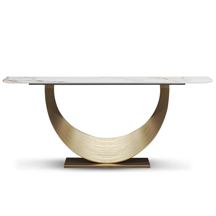 Celestia Console Table featuring a sculptural golden base and sintered stone surface with soft marble veining.
