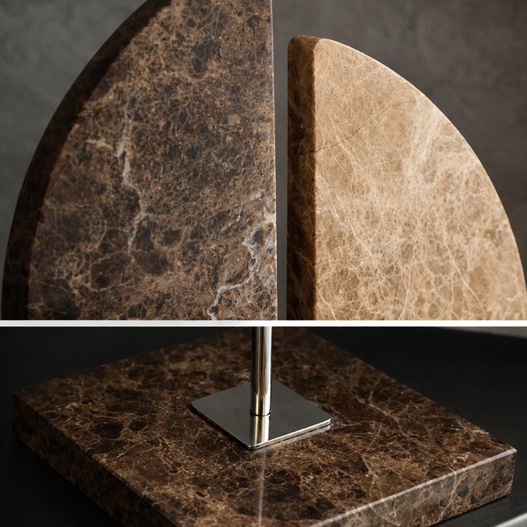 Roche Marble Sculpture close-up showing its polished bi-tonal marble design and chrome support.
