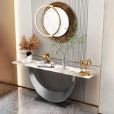 Celestia Console Table with natural sintered stone surface and golden decor accents in a modern interior setting.