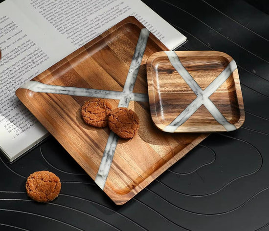 10 Roble Inlay Tray Set 2 Large Trays with marble inlays and cookies on a modern dark surface.