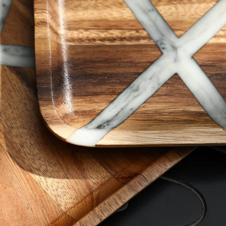 10 Roble Inlay Tray Set 2 Large Trays showcasing elegant wood and marble inlays in modern geometric design.